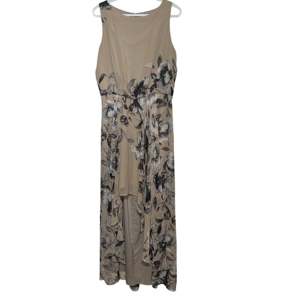 Eliza‎ J Women's Tan Brown Blue Floral Sleeveless Hi-Lo Sheer Dress  Size 12